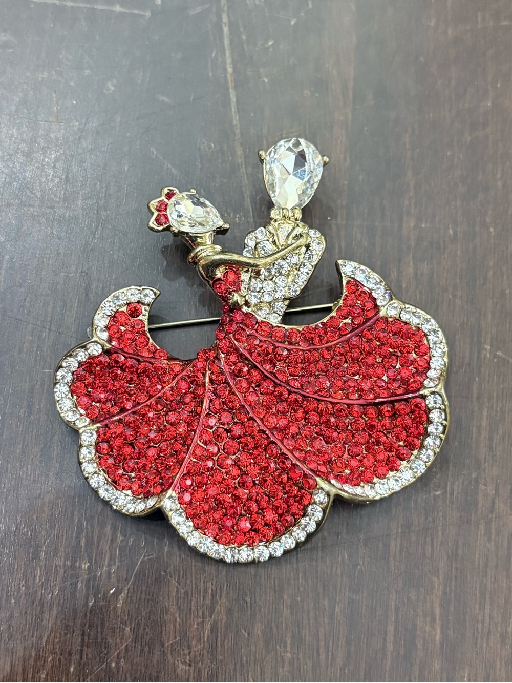 Beautiful red rhinestone dancing couple brooch